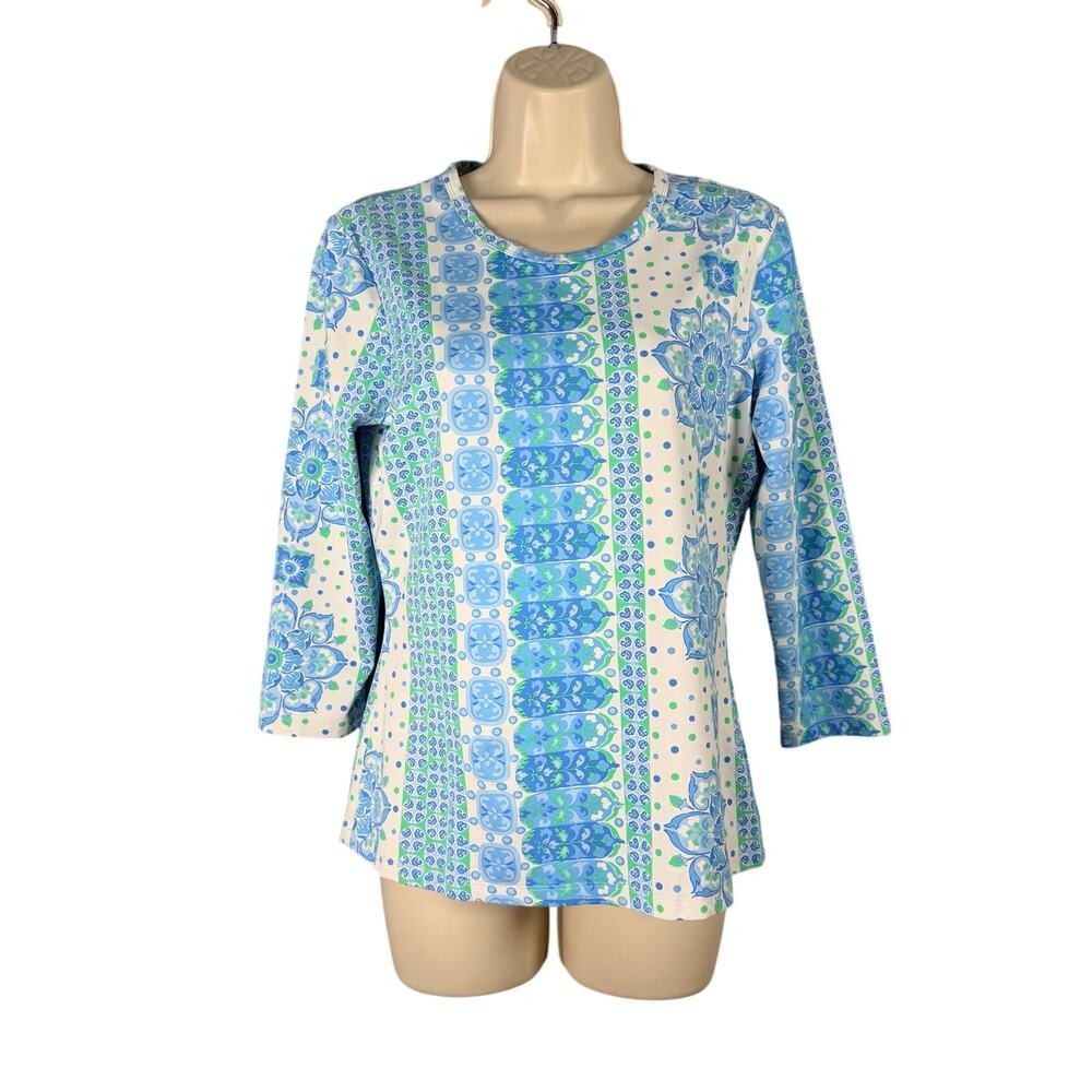 J McLaughlin Tee Womens‎ Medium Blue Green Floral Catalina Cloth 3/4 Sleeve Top